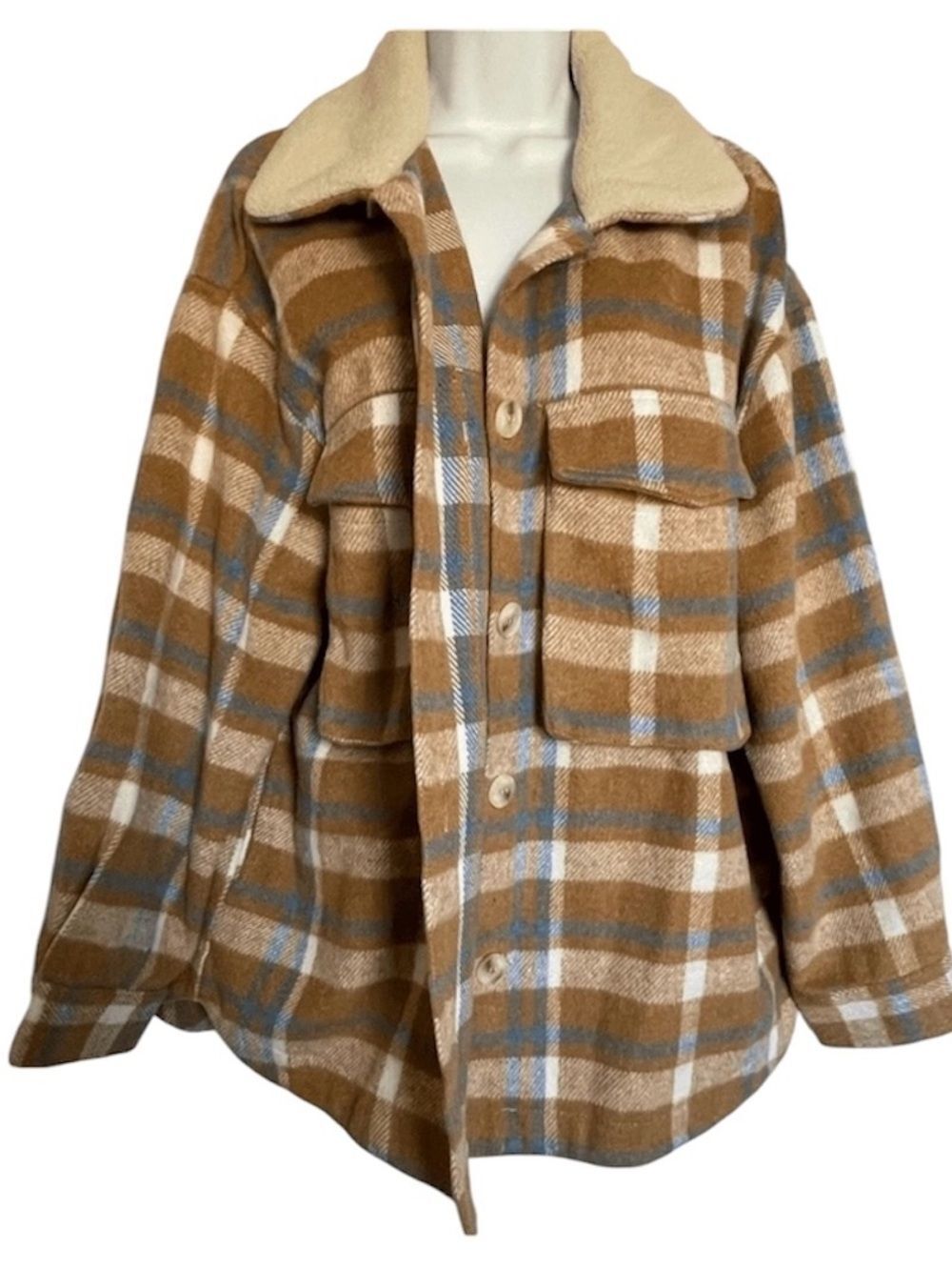 Listicle Tan and Blue Plaid Shacket Size Medium - Picture 3 of 5